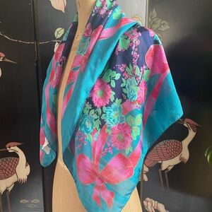 Vintage Italian Scarf Blue & Pink Bow Floral Print Spring 30”